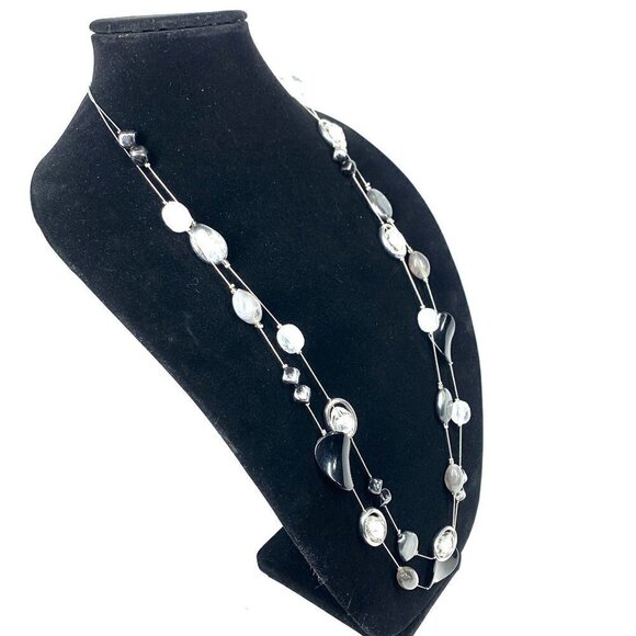 NY Beaded Double Strand Opera Length Necklace Black, Silver 17" Drop - Picture 2 of 4